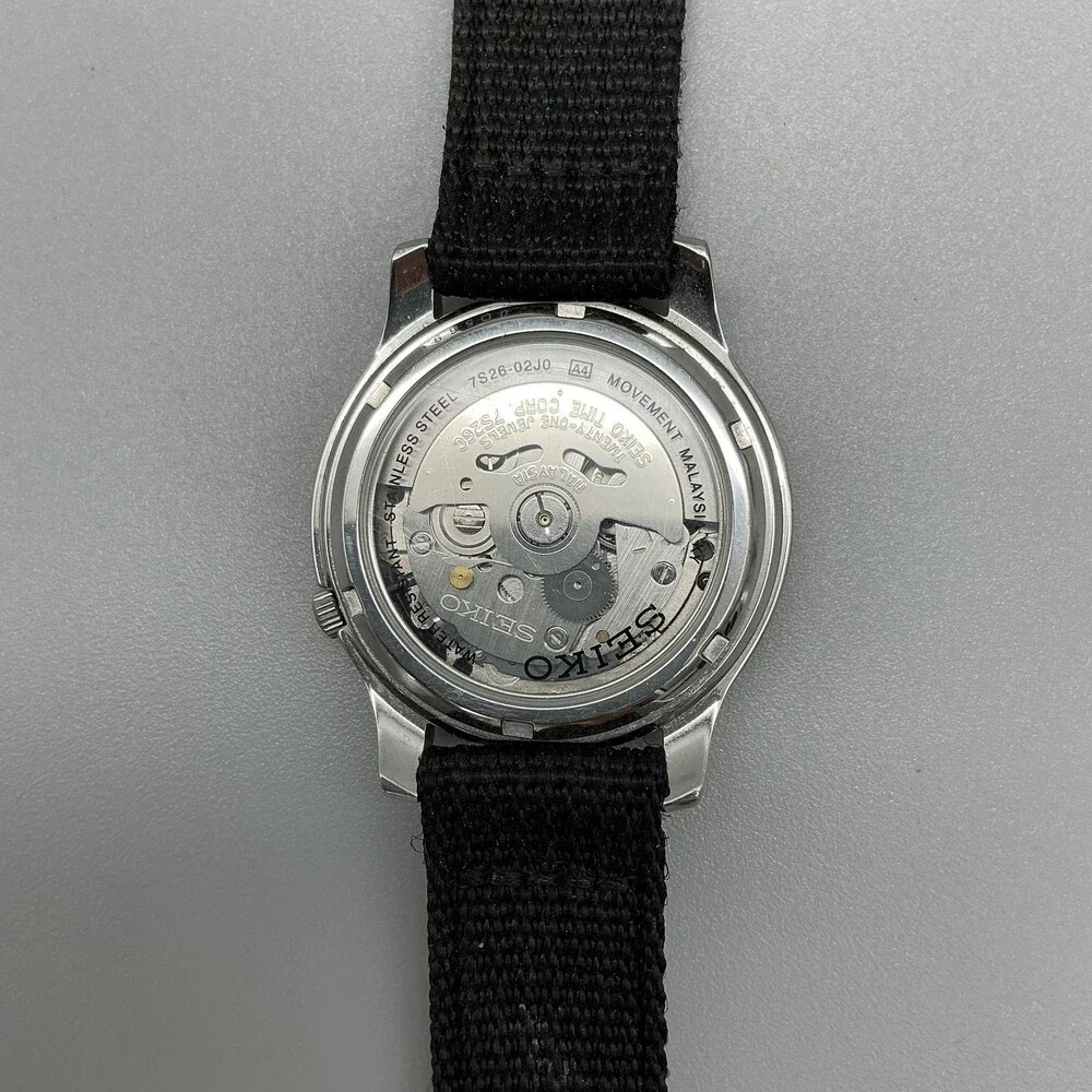Seiko 5 Automatic Mens Watch 37mm Black Dial Nylon Strap Day Date 7S26-02J0